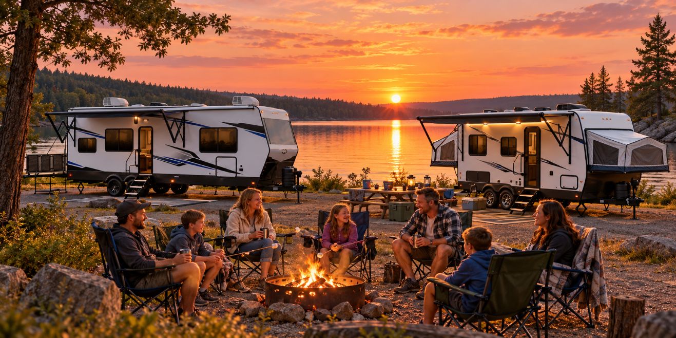 Family around a campfire beside two travel trailers at a lakeside campsite at sunset